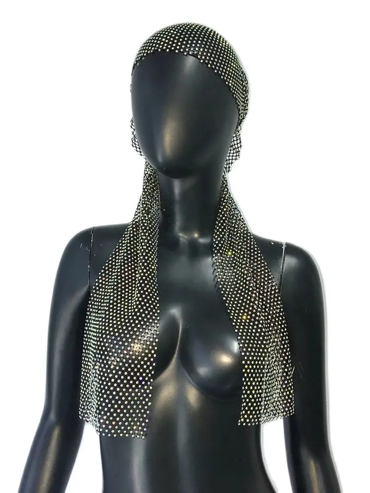 Luxe Strass Mesh Lange Hijab Hoofddoek Nacht Club Feest Rave Meisje Glanzende Diamant Vrouw Mode Hoofdband Tulband Hoofddoek