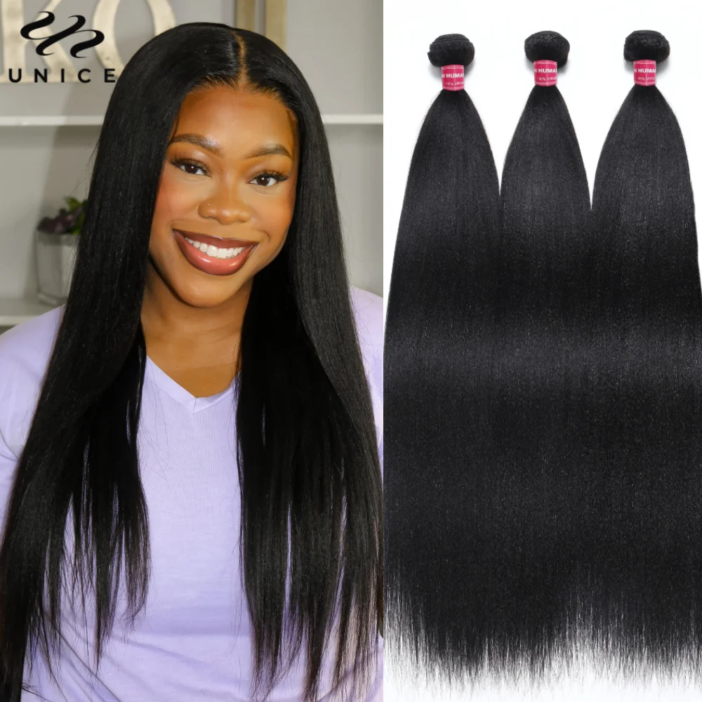 UNice Hair Yaki Straight Bundles 3PCS 100% Human Hair Bundles Natural Color Quick Weave Traditional Sew In Bundles Wholesale