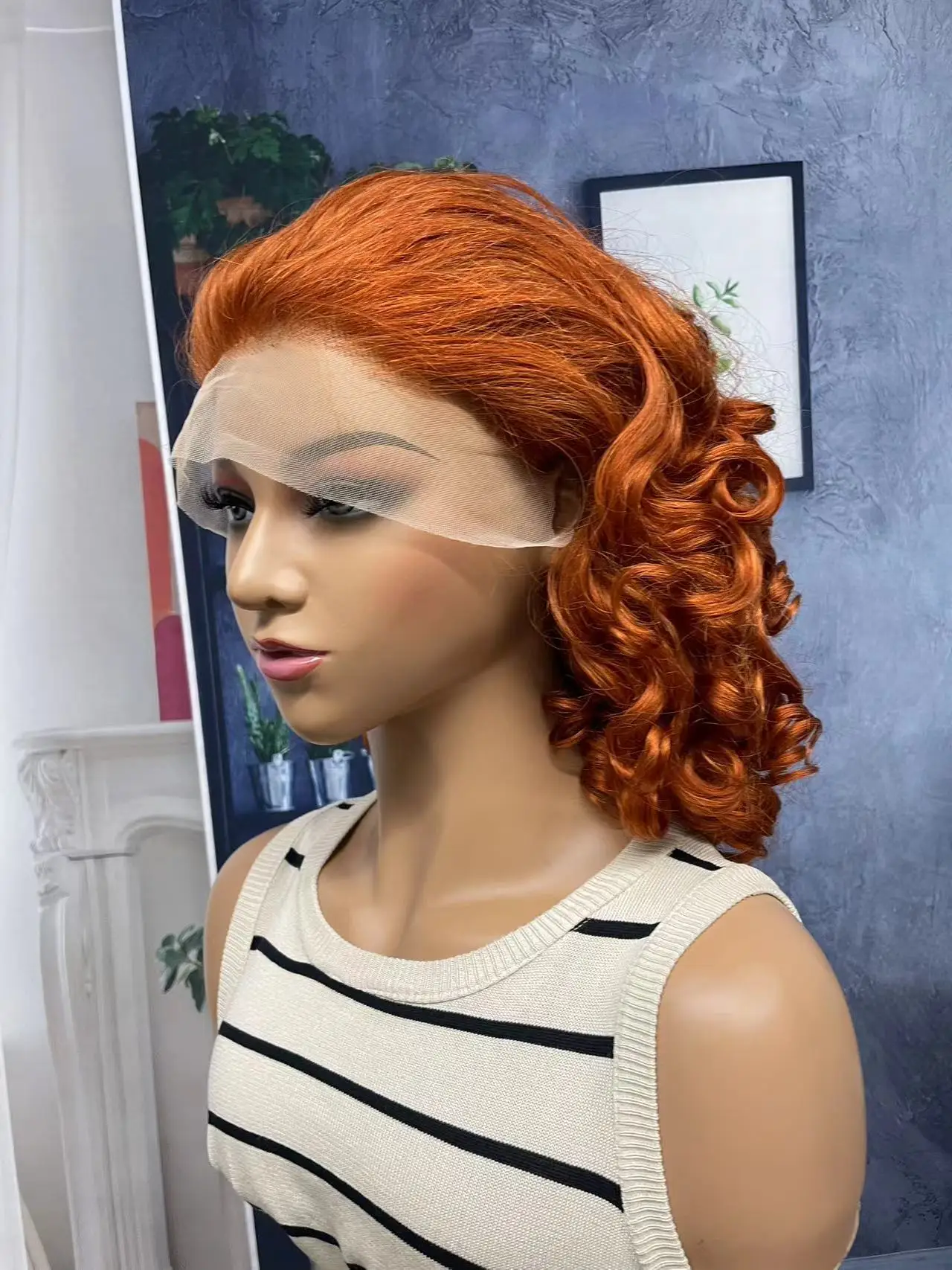 250% Density 350# Ginger Orange Bouncy Curly Human Hair Wigs 13x4 Transparent Lace Front Short Colored FUMI Bob Wig for Women r