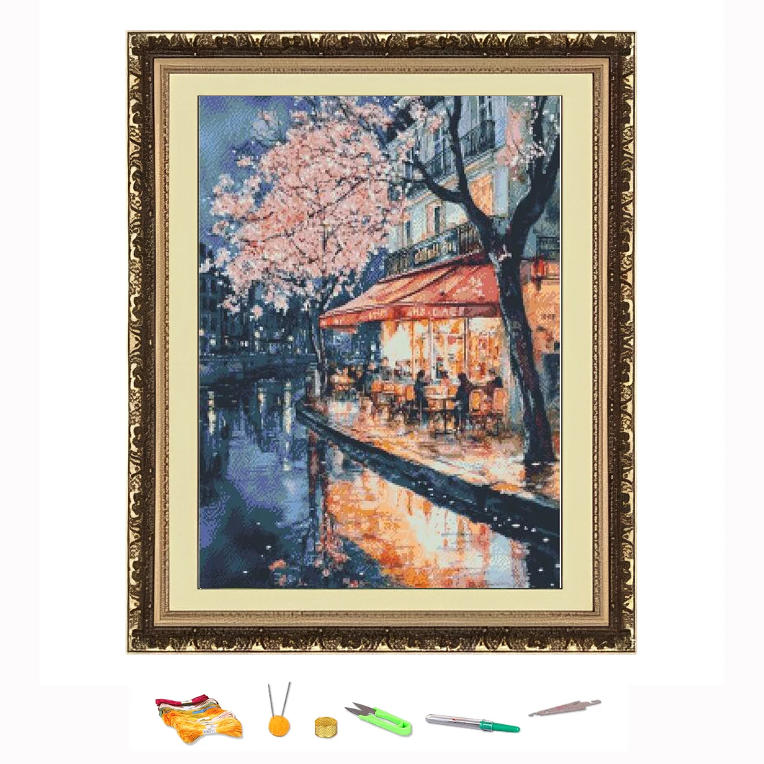 

Cross Stitch Embroidery Street restaurant at night Landscape Thread Drawing DIY Needlework Kit Decorate Printed on Canva 11CT