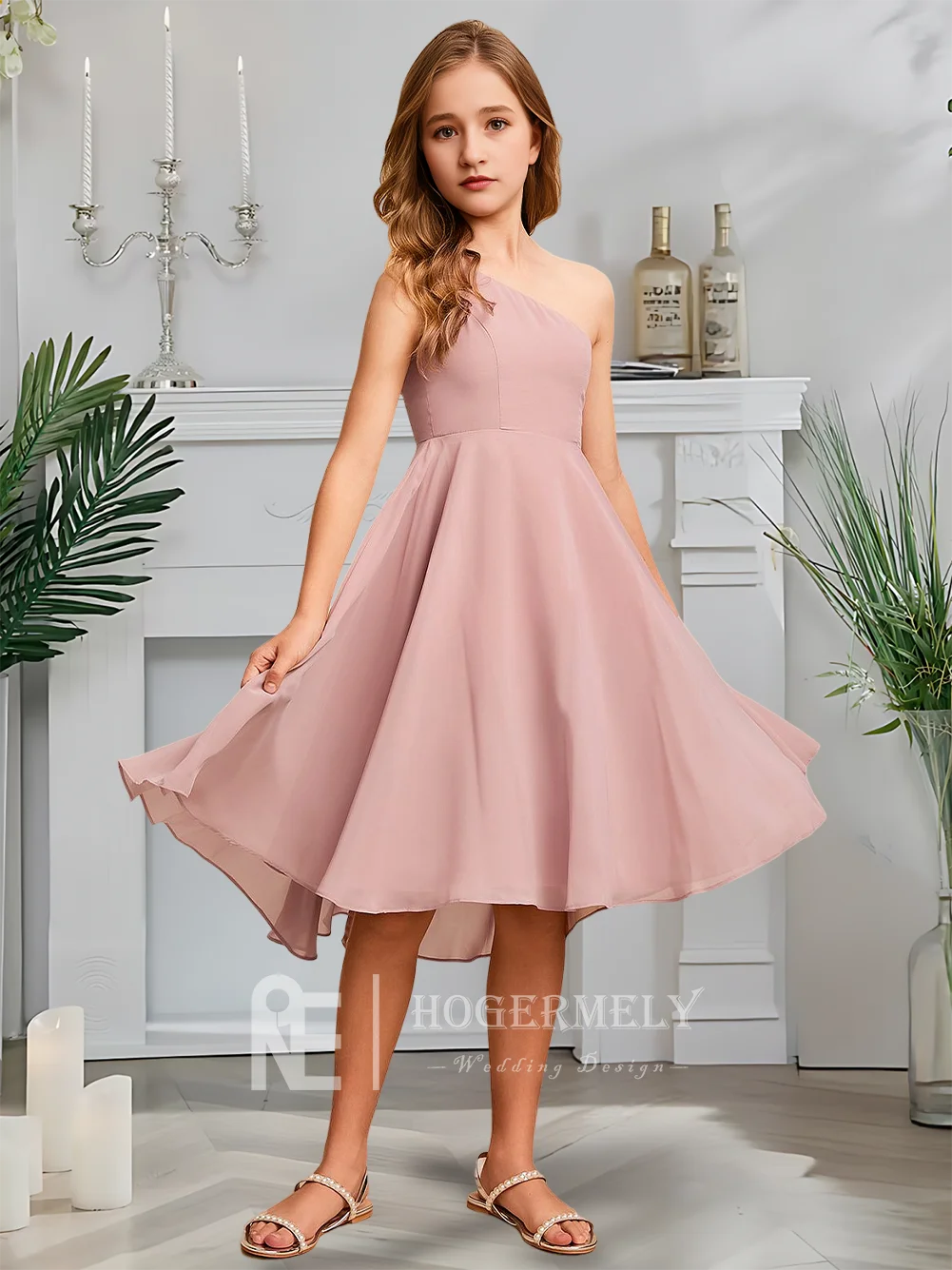 Gaun Pengiring Pengantin Junior B A Line Gaun Gadis Bunga Sifon Panjang Lantai Satu Bahu Ideal untuk Acara Formal Khusus Anak Perempuan