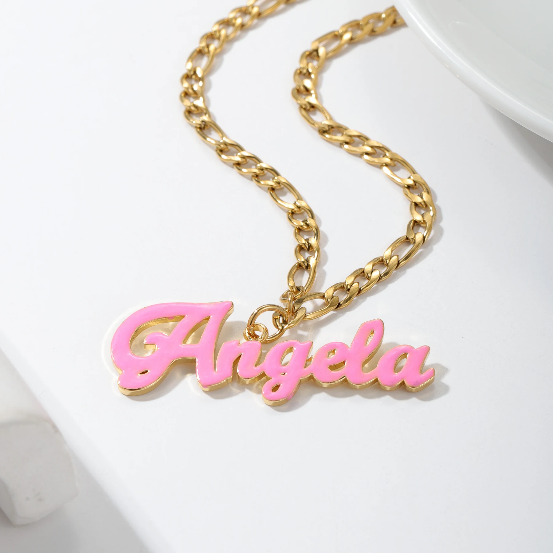 

High Quality Custom Name Enamel Necklace Personalized Premium Stainless Steel Ladies Necklace Cuban Chain Pendant Gift For Women