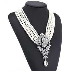 Women Chunky Crystal Rhinestone Bib Pendant Chandelier Imitation Pearl Beaded Layered Statement Wedding Necklace Jewelry Bridal