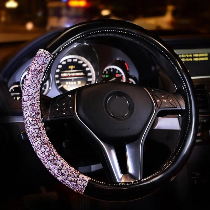 Nowy projekt diamentowy kryształ osłona na kierownicę do samochodu skórzany pokrowiec Rhinestone na kierownicę kobiety uniwersalny 38cm Car Styling — zdjęcie 2