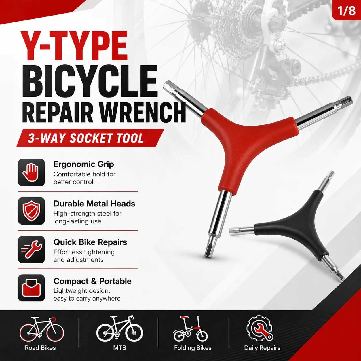 Llave de Reparación de Bicicletas Tipo Y, Herramienta de 3 Vías, Ergonómica y Portátil, Llave Hexagonal para Bicicletas de Montaña, Carretera y Plegables, Kit de Reparación y Mantenimiento Diario