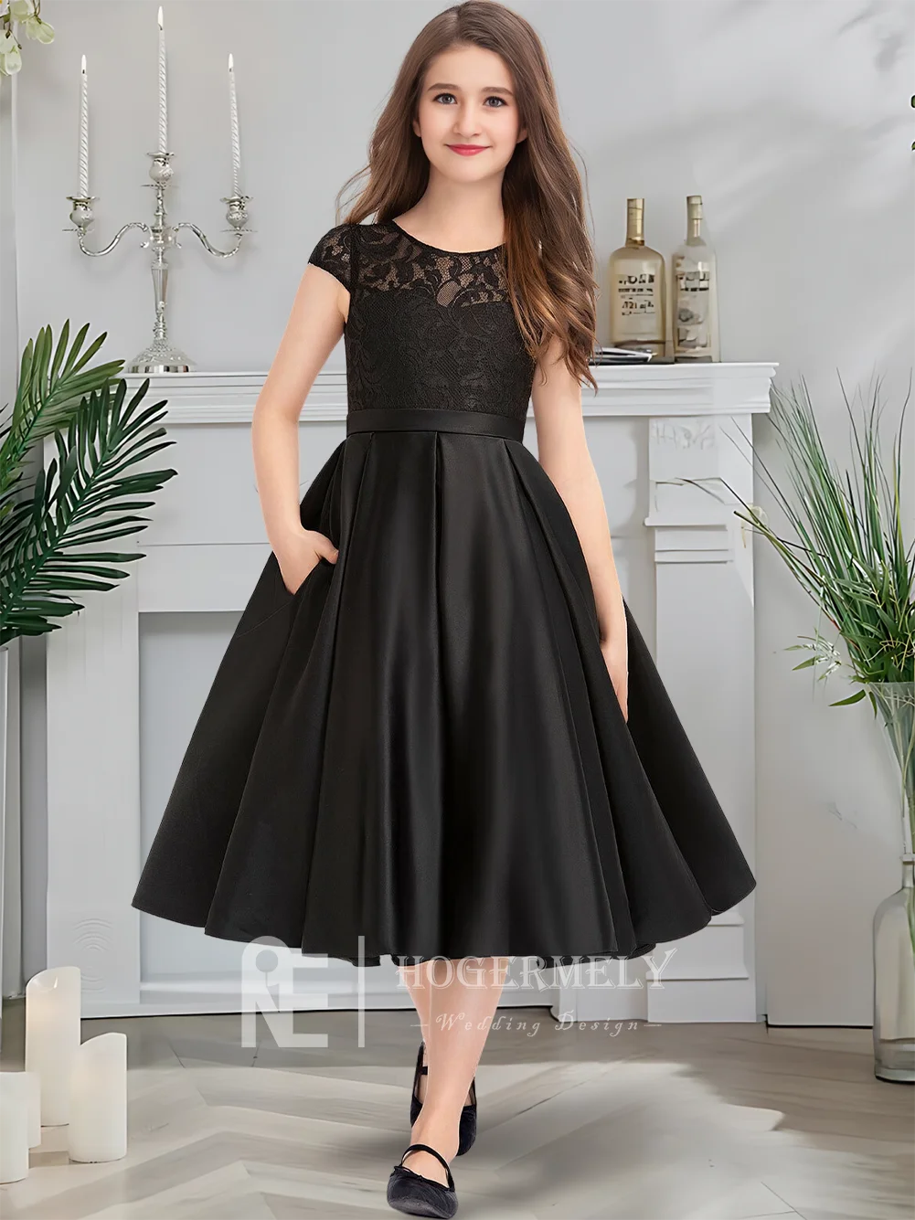 B Lujoso vestido de dama de honor junior de línea A, cuello redondo, vestido de niña de flores, encaje satinado, adecuado para fiesta de boda y ceremonia