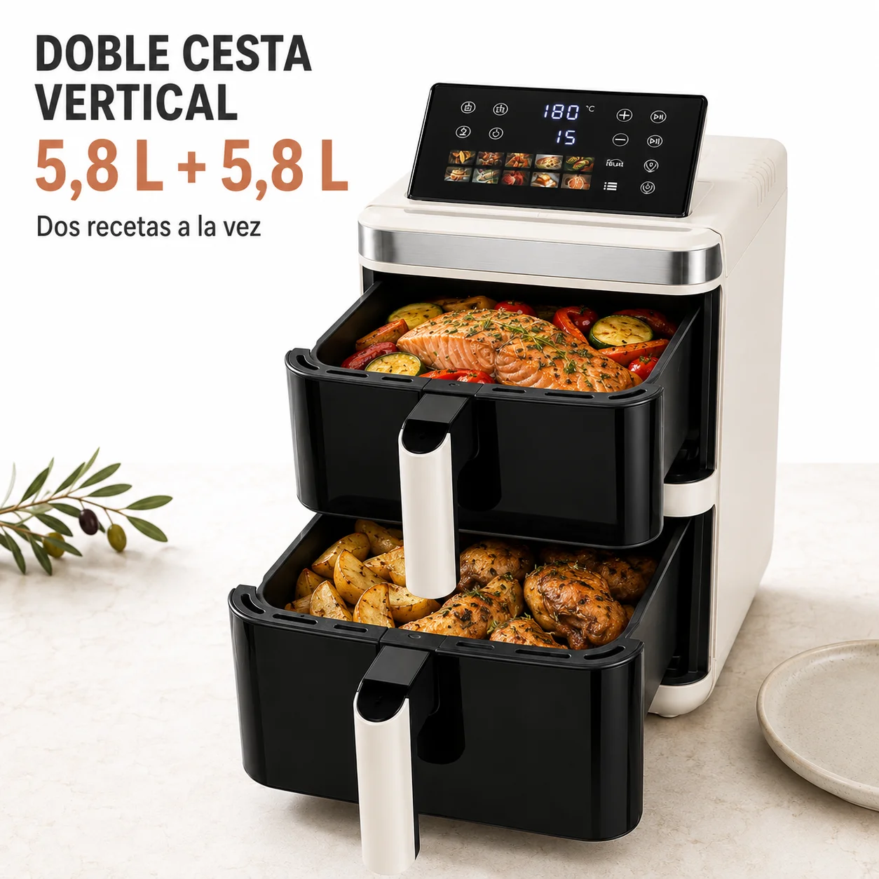 Freidora de Aire Doble Cesta Vertical 11,6 L (5,8 + 5,8 L), Air Fryer Doble Zona sin Aceite con Pantalla Táctil, 2 Cajones Extraíbles, para