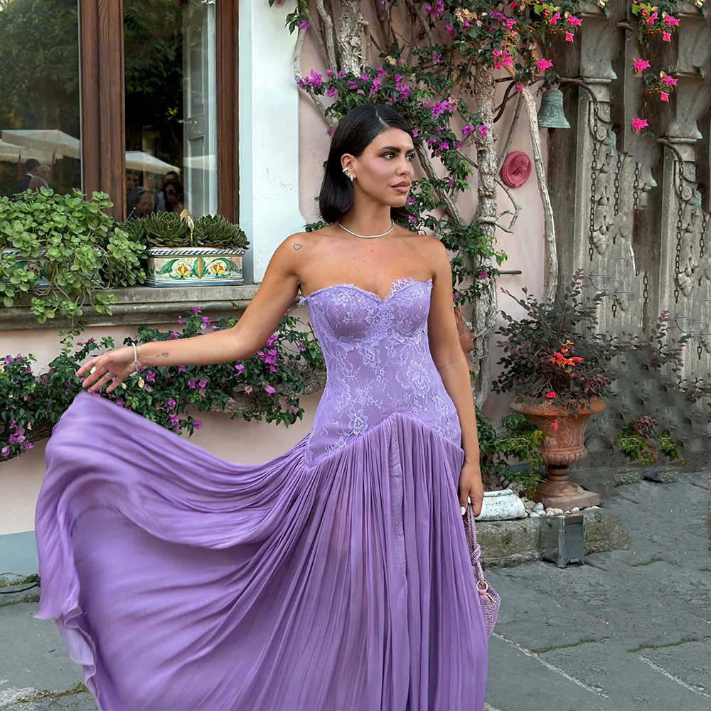 Msikoods Customized Lavender Lace Prom Dress Strapless Pleated Long Evening Drerss Women Bridesmaid Dress Formal Party Dress