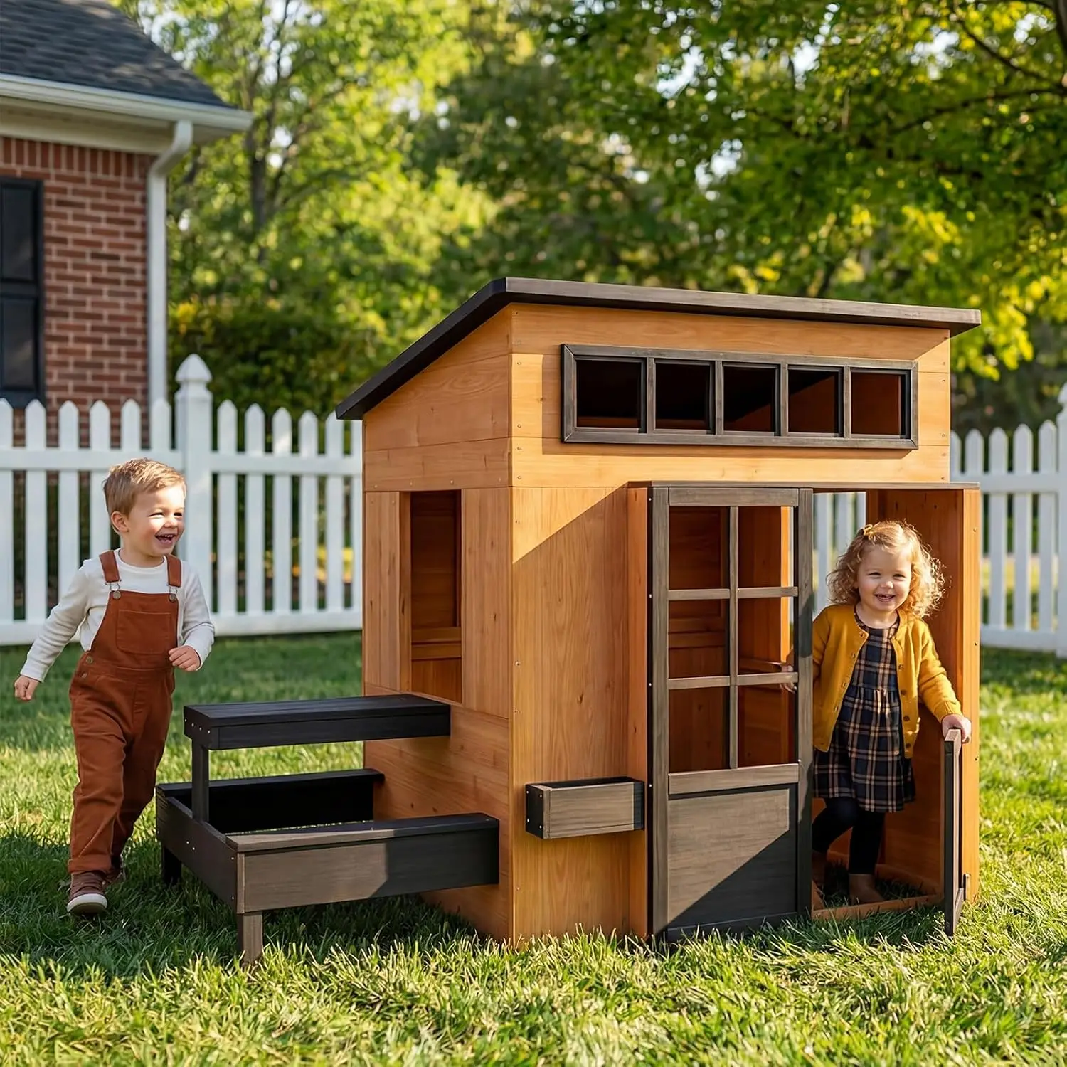 Nordivale Outdoor Playhouse Modern Fir Wood Kids Backyard Garden House with Play Kitchen Table Chalkboard Half Door Windows Flower Box Indoor Imaginative Pretend Play Toys for Boys Girls Ages 3-8