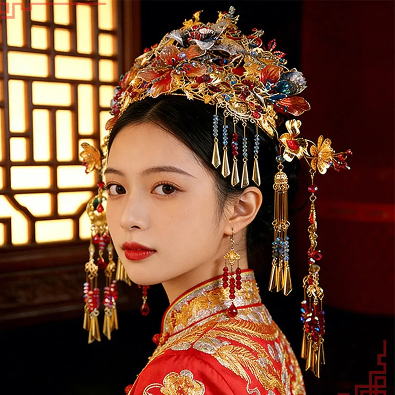 Red Golden Luxury Floral Large Phoenix Hair Crown Chinese Wedding Xiuhe Dragon And Phoenix Headdress for Brides