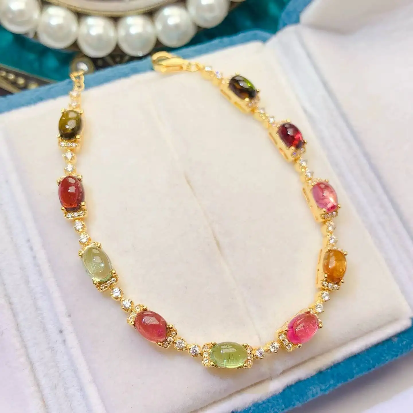 KJJEAXCMY Boutique Jewelry 925 Pure Silver Impurity-Free Natural Colorful Polished Tourmaline Women's Bracelet, Perfect Gift for