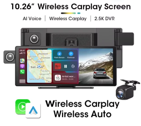 Universele 10.26 inch autoradio multimediasysteem WIFI videospeler draadloze Carplay scherm voor Apple of Android met 3 camera's