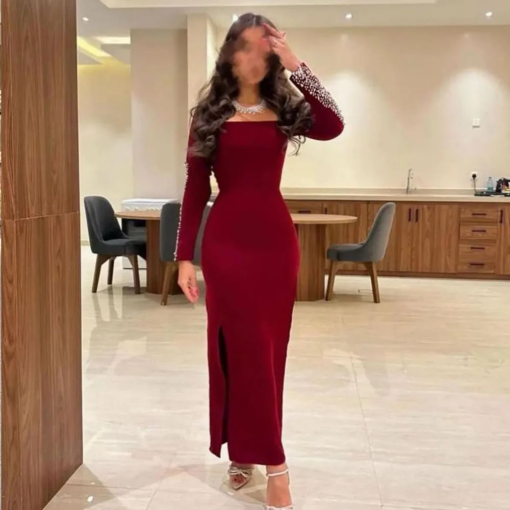 

Customized Temperament Prom Gown for Women Square Collar Long Sleeves Side High Slit Ankle-Length Party Dresses فساتين للحفلات ا