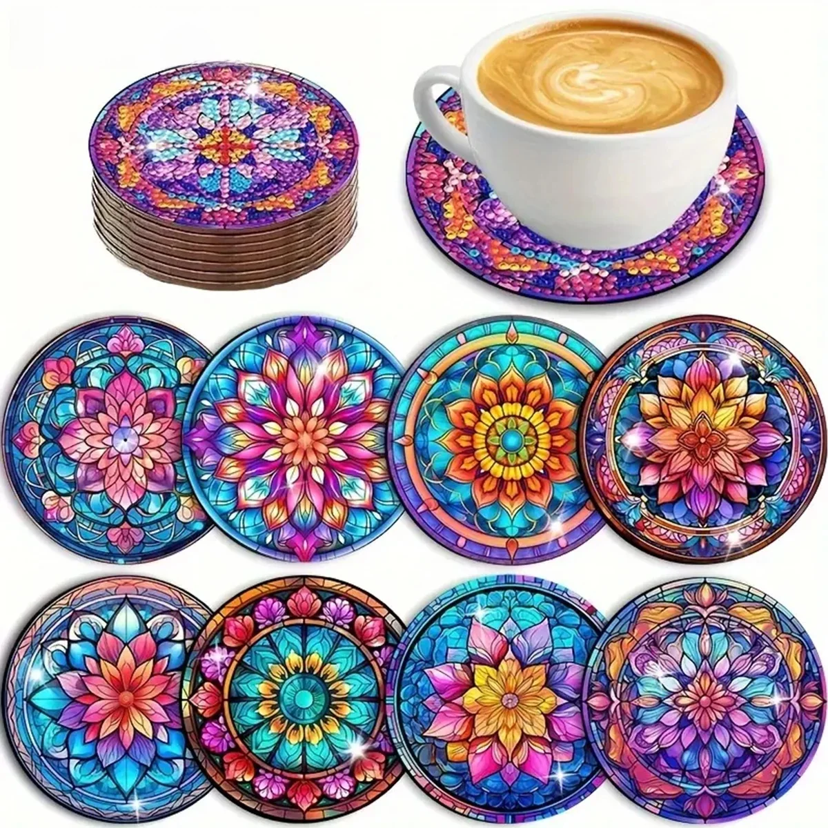 8-delige set doe-het-zelf diamantgeschilderde onderzetters met mandala-patroon en gratis bekerhouder - afbeelding 2