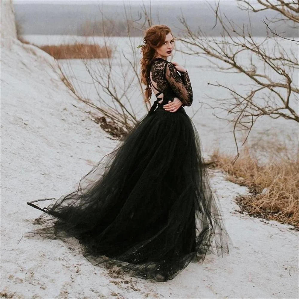 20030# Real Photos Black Two-Pieces Long Sleeves Lace Wedding Dress For Bride A-line Tulle Backless Bridal Gown With Split