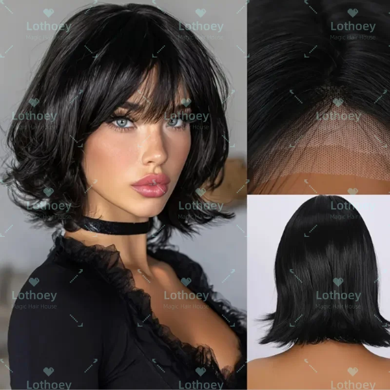 

Women's Glueless Lace Front Wig - Natural Looking Hairline, Jet Black Hair Lace Frontal wig with bangs Easy to Style