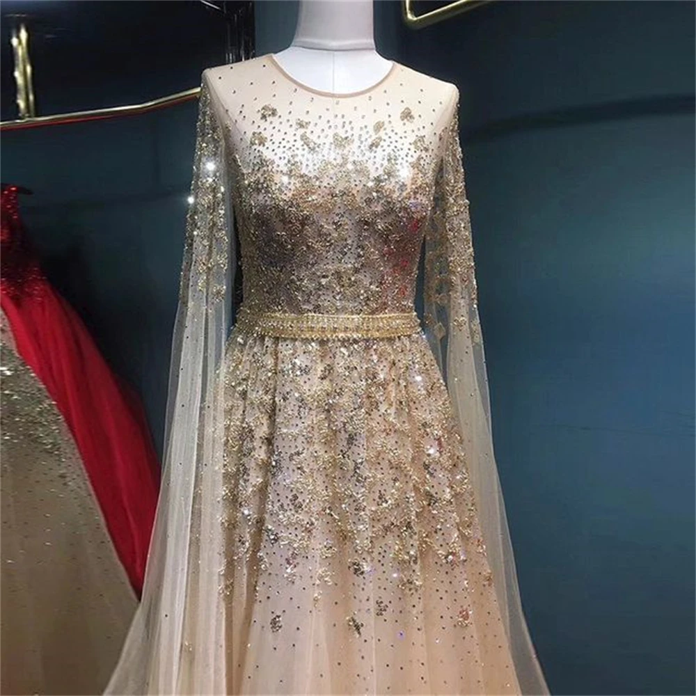 Customized Prom Dresses Retro Exquisite Jewel A-line Sequins Tulle Formal Occasion Gown gold dress for women elegant party 파티 드레