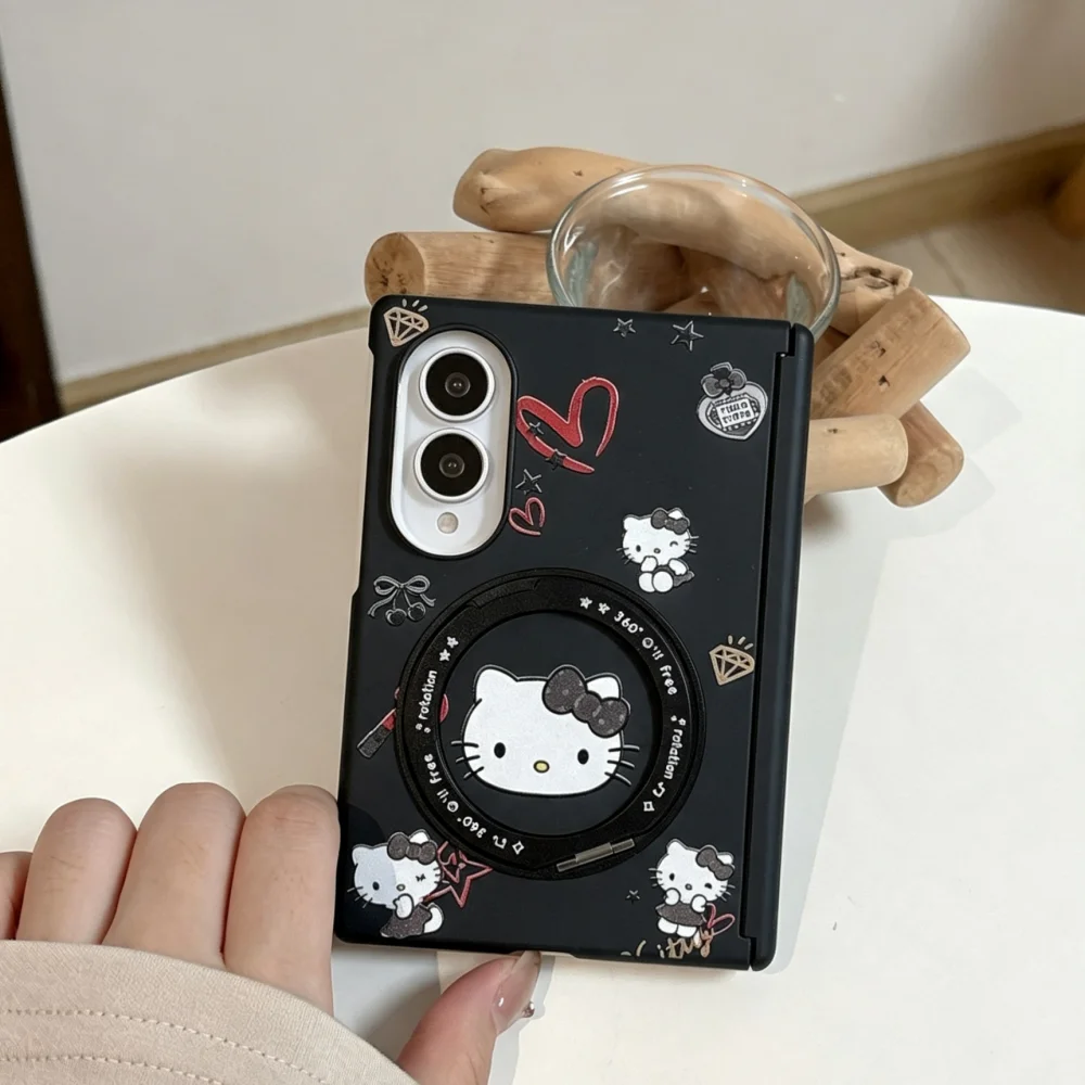 Ins Cute Cartoon Cat Magnetic Black Phone Case for Samsung Galaxy Z Fold 8 fold8 Cover Kawaii with Magsafe Stand Anti Drop Cases