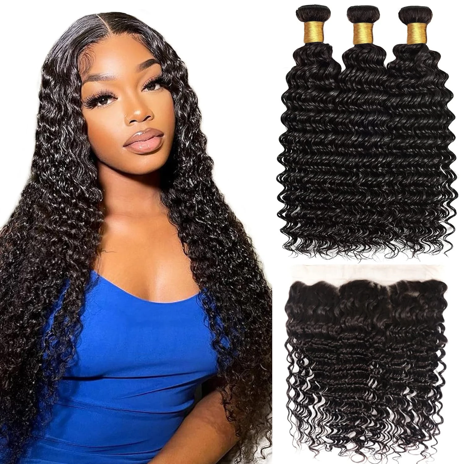 Deep Wave Bundles with Frontal 100% Unprocessed Natural Brazilian Virgin Human Hair 3 Bundles with 13x4 Transparent Lace Frontal