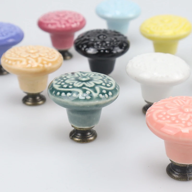 Vintage Ceramic Drawer Knob Cabinet Handle Cupboard Door Pull  Blossom Relief Handle Retro Round Knobs