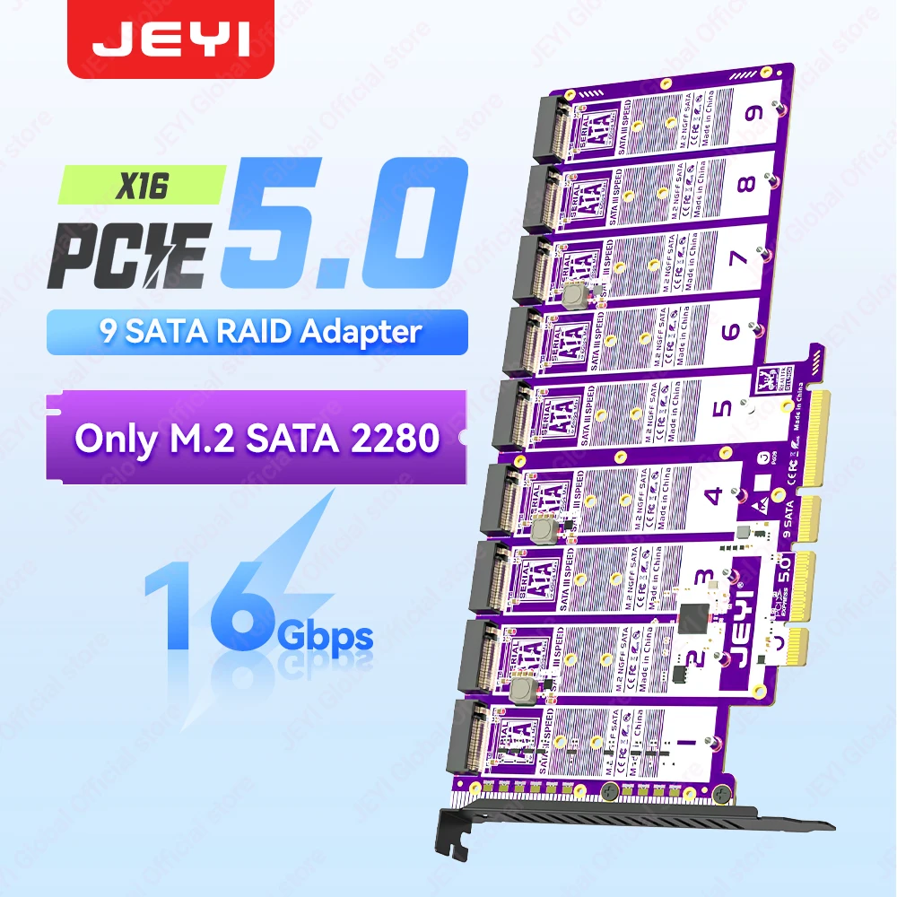 

JEYI 9-Bay PCIe 5.0 to X16 M.2 SATA Adapter 16Gbps Supported 2280 SATA SSD (B+M-key) Supports PCIe X4/X8/X16 Supports RAID 0/1/5