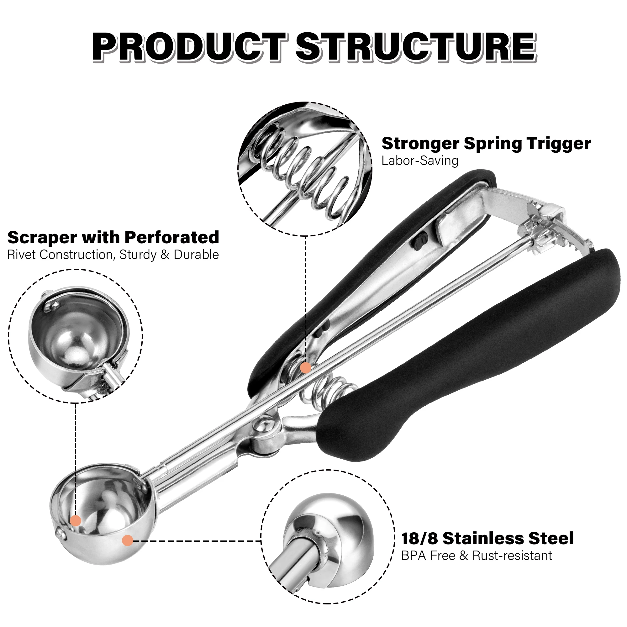 مغرفة آيس كريم صغيرة احترافية من الفولاذ المقاوم للصدأ 35 مم، مغرفة بولر البطيخ، مقابض ناعمة جيدة، إطلاق الزناد السريع