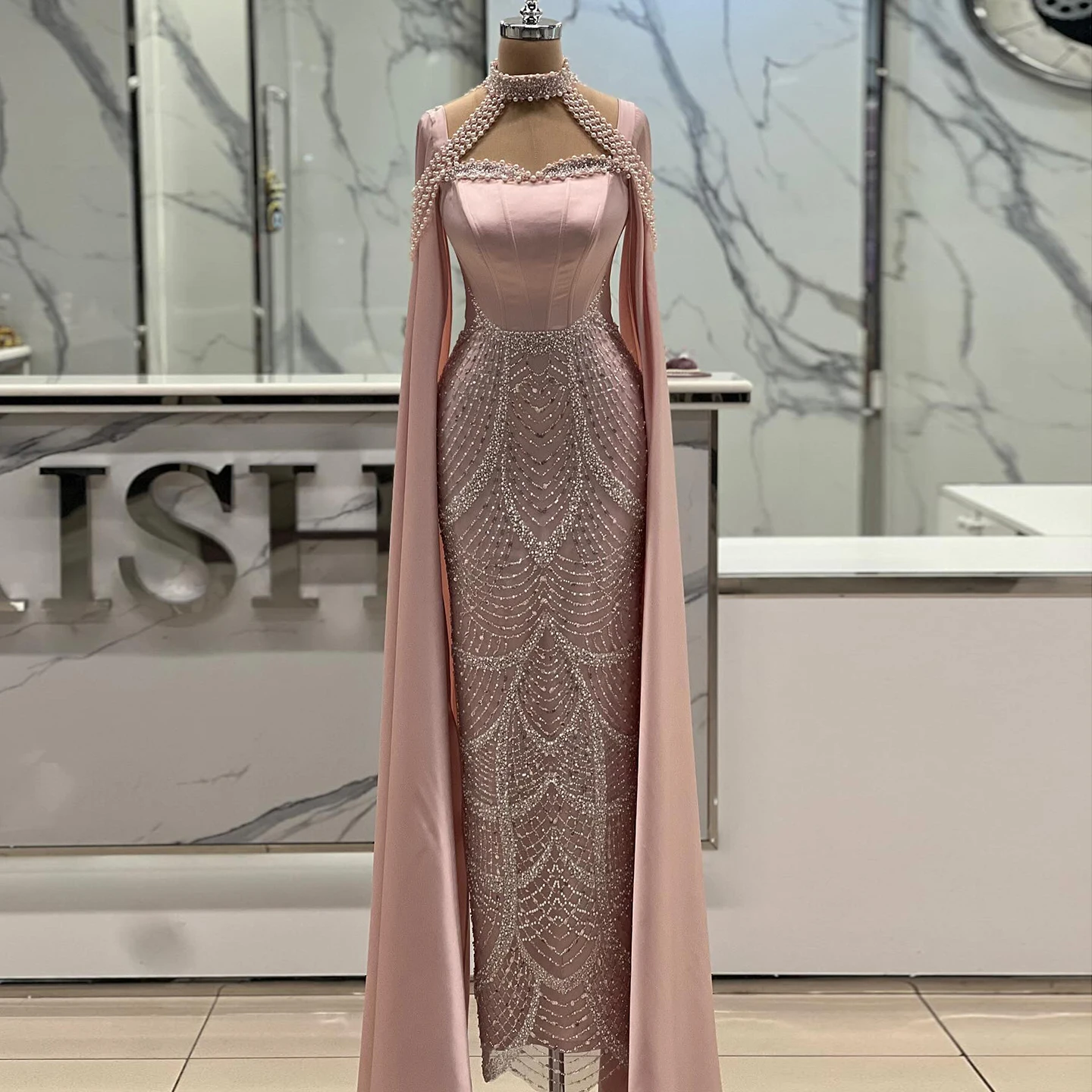 

Sharon Said Luxury Pink Beaded Mermaid Evenung Dress with Cape Sleeves Elegant Women Arabic Women Party Gowns SS662 Customized