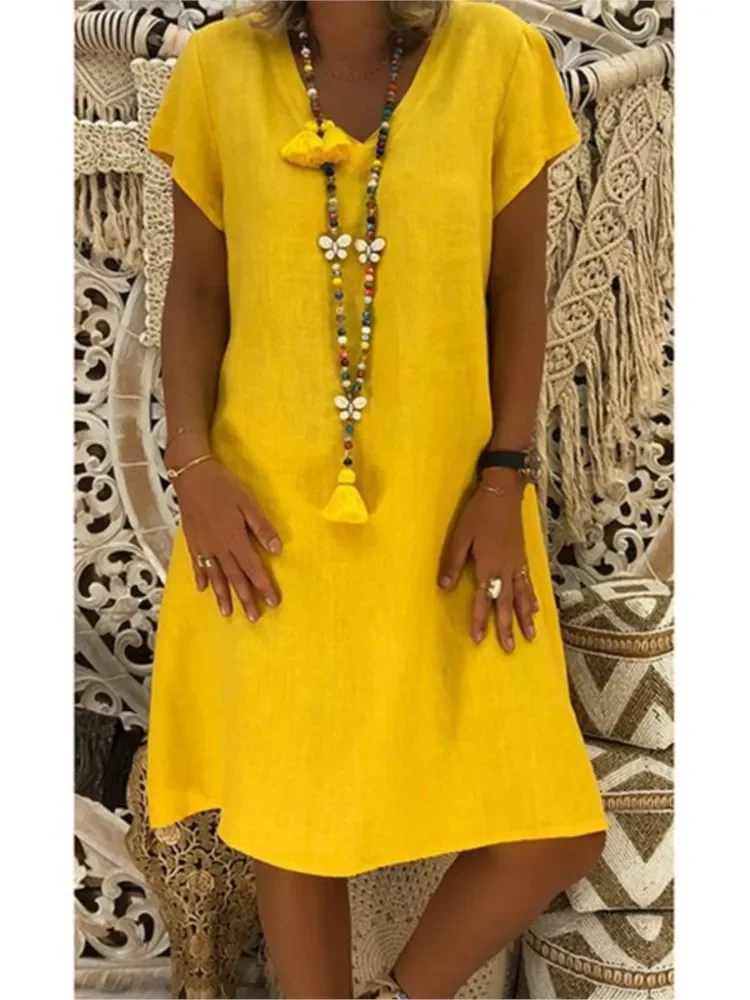 Mode Boho coton lin robes femmes été 2024 col en v à manches courtes Midi décontracté robe ample femme robe de rue robes