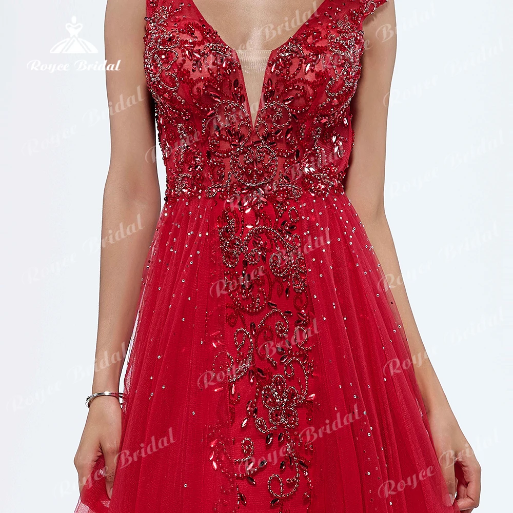 Roycebridal Red V Neck Off the Shoulder Beading A Line Evening Prom Dress For Women vestido para mujer elegantes y bonitos