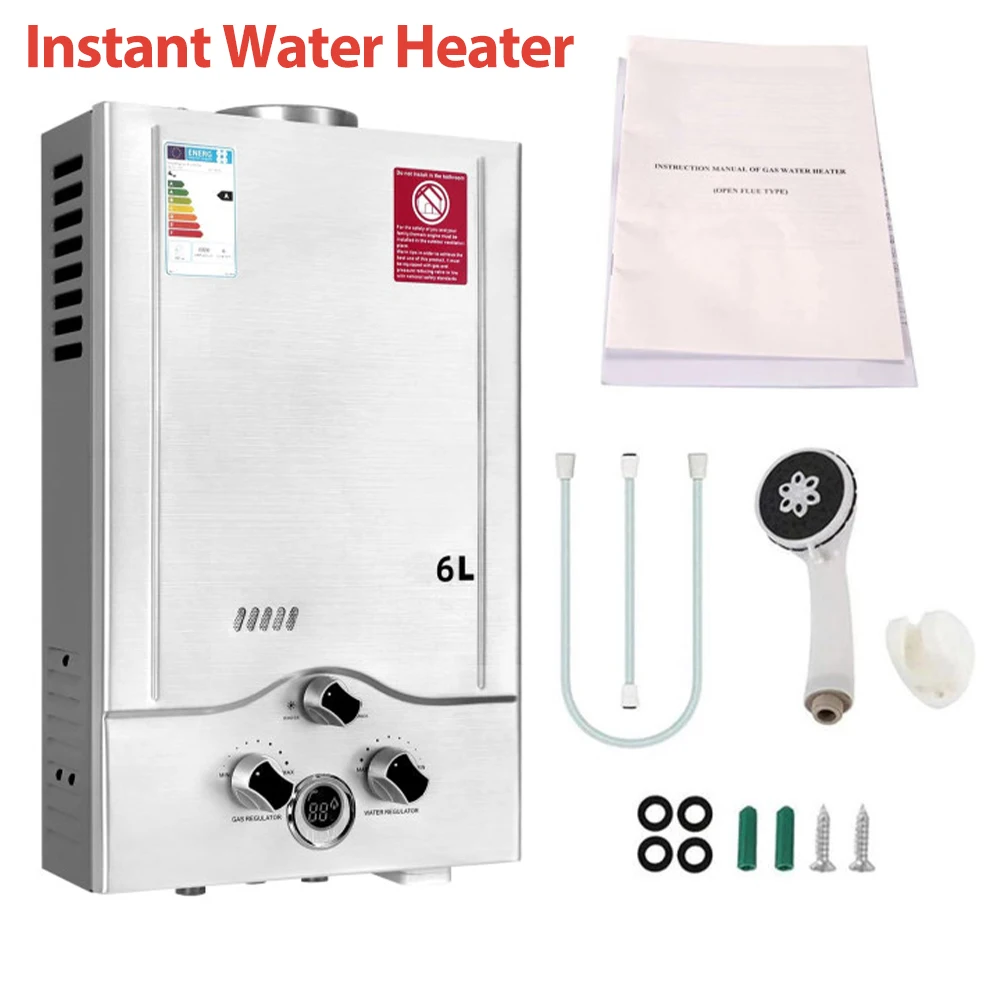 Calentador de agua de Gas LPG, caldera de Gas propano sin tanque de acero inoxidable de 6L y 8L con Kit de ducha, electrodoméstico para acampar