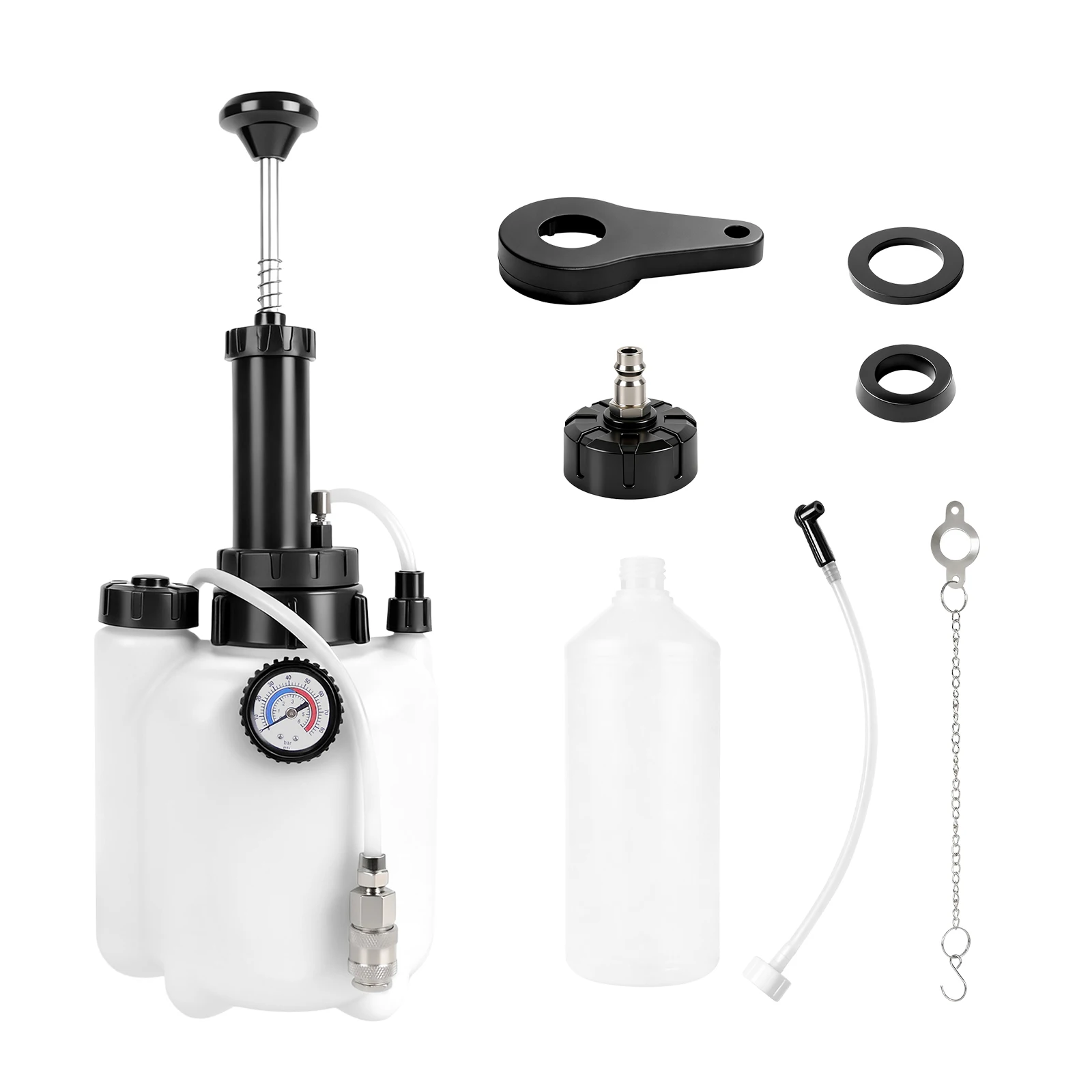 Kit de purge manuel de liquide de frein 3L, outil de vidange d'huile de frein de voiture, système de purge de frein sous pression avec bouteille de récupération d'huile 1L, adaptateur E20 45,5 mm, manomètre, équipement d'échange de liquide de frein pour une seule personne, pour réparation automobile