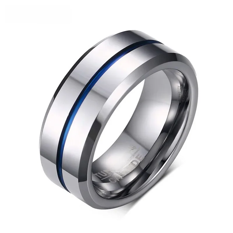 Tigrade męskie pierścionki 8mm wolframowa obrączka kolor srebrny z niebieską/szarej linią stylowy męski anillos hombre pierścionek rocznicowy — zdjęcie 2