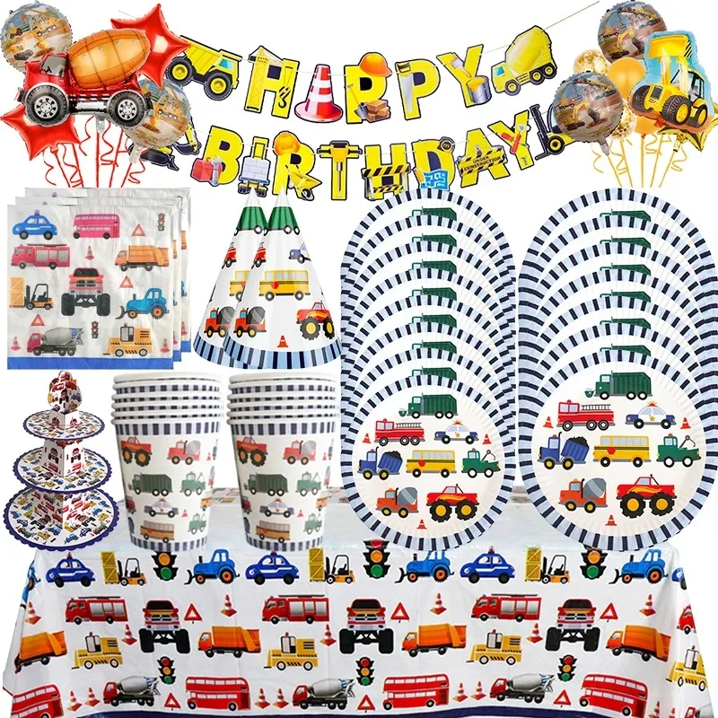 Décoration de joyeux anniversaire sur le thème de la Construction, serviettes en papier, assiettes, gobelets, ballons de naissance, fournitures de fête d'anniversaire pour garçons