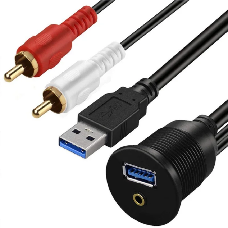 USB 3.0 & 2 RCA Male to 3.5mm USB3.0 Female Car Mount Flush Cable 2RCA USB 3.0 Flush Mount Extension Cable