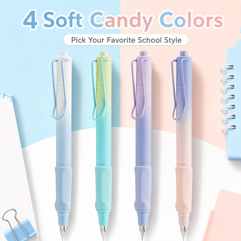 Hero 1356 Retractable Fountain Pen, Smooth Writing Nib, Lightweight Ergonomic Grip, Gradient Color Design, Student Friendly,