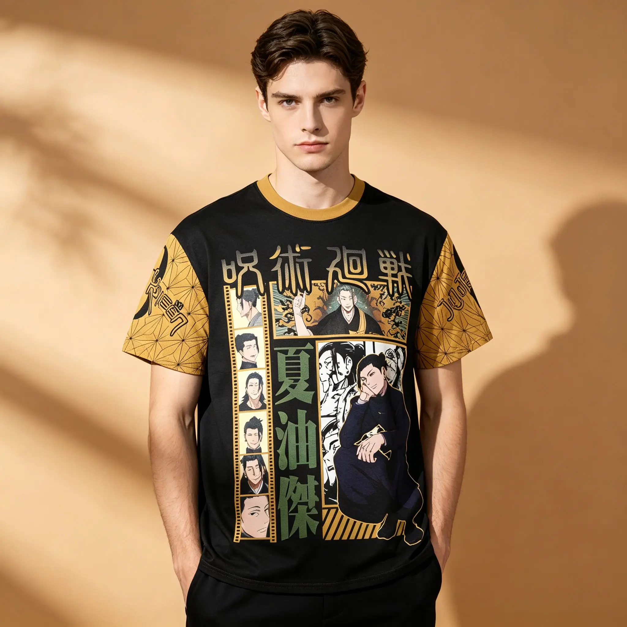 Herren Jujutsu Kaisen Geto Suguru Raglan T-Shirt, Gelbes Hex-Gitter Anime Otaku Streetwear Kurzarm Casual Tee