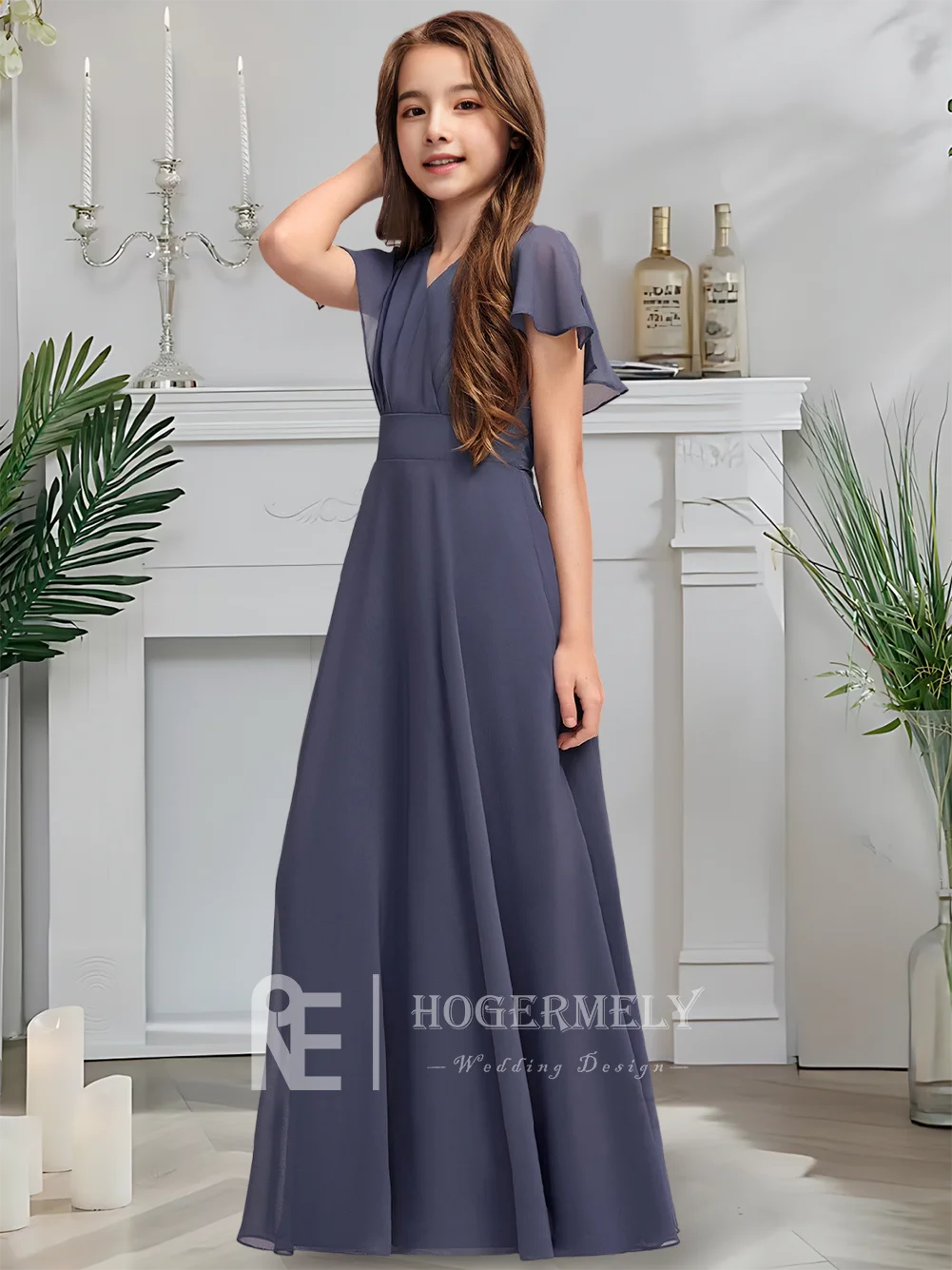 エレガントな V ネック シフォン ジュニア ブライドメイド ドレス スレート フラワー ガール ドレス ガウン プリーツ スカート付き フォーマルなお祝いに