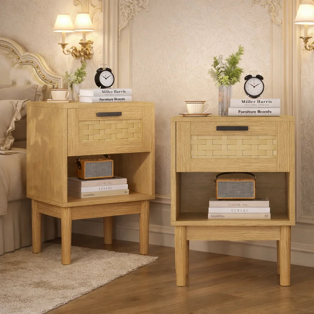 Mesitas de noche de ratán juego de 2, mesa auxiliar con cajón y estante abierto, mesa lateral con patas de madera maciza, estilo boho para dormitorio salón sofá, almacenamiento práctico