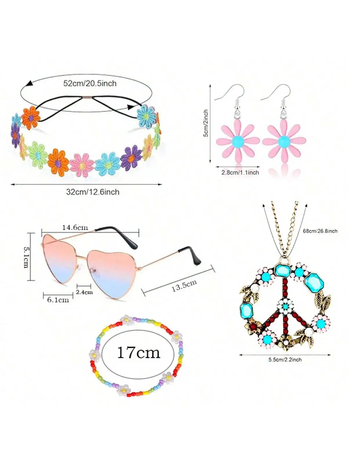 6 Pieces Hippie Accessory Set includes Peace Sign Bead Necklace, Flower Crown Headband, Hippie Sunglasses Party Costume for Wome