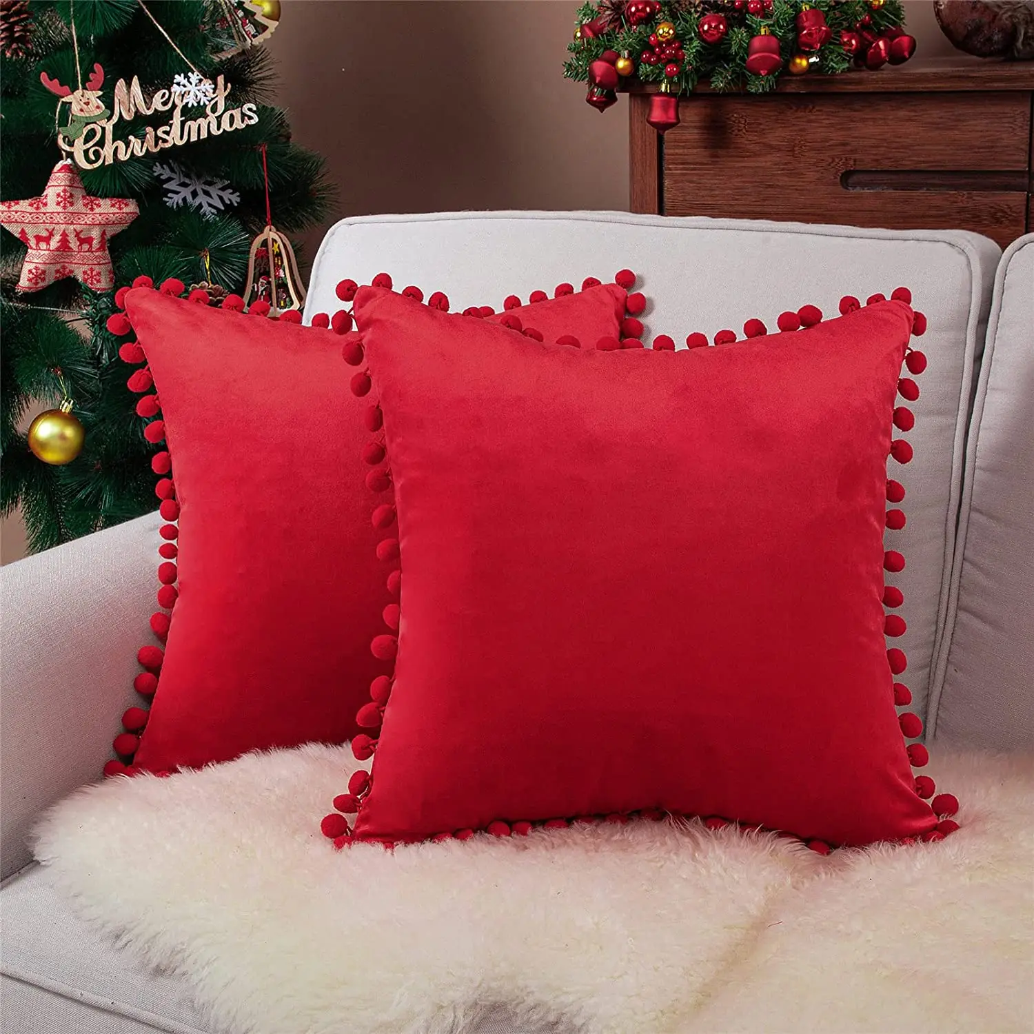 

Soft Velvet Cushion Cover With Pompom Sofa Throw Pillow Case Decorative Couch Living Room christmas decorations for home 2023