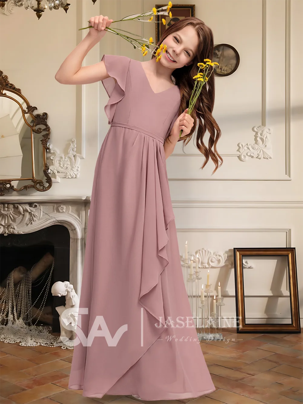 A-Line V-Neck Floor-Length Chiffon Junior Bridesmaid Dress With Cascading Ruffles Flower Girl Dress Girls Party Wedding Formal