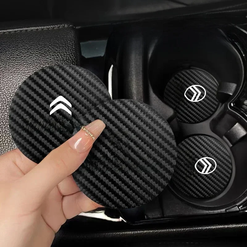 Tapis de tasse en cuir et Fiber de carbone, 2 pièces, emblème de voiture, pour citroën C3 C5 AIRCROSS C5X C4 Cactus PICASSO e-C3 C1 c-crosser