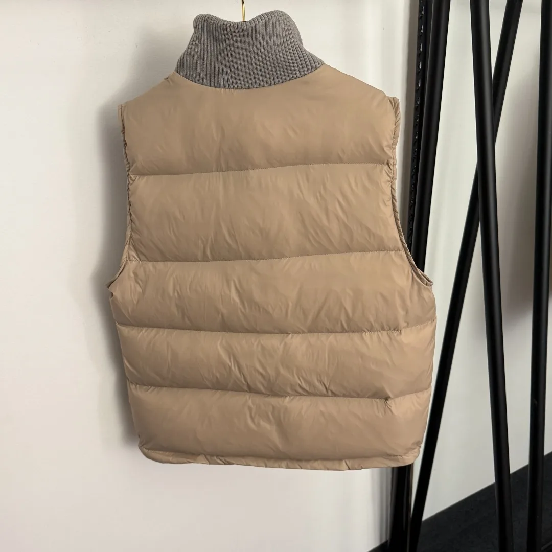 

Women's Beige Stand-Collar Puffer Vest - Embroidered Detail Metal Button Warm Winter Sleeveless Coat