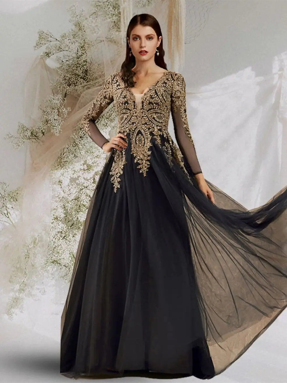 Luxury Elegant Prom Formal Evening Dress V Neck Long Sleeve Floor Length Tulle with Sequin Applique Wedding Ceremony Dress