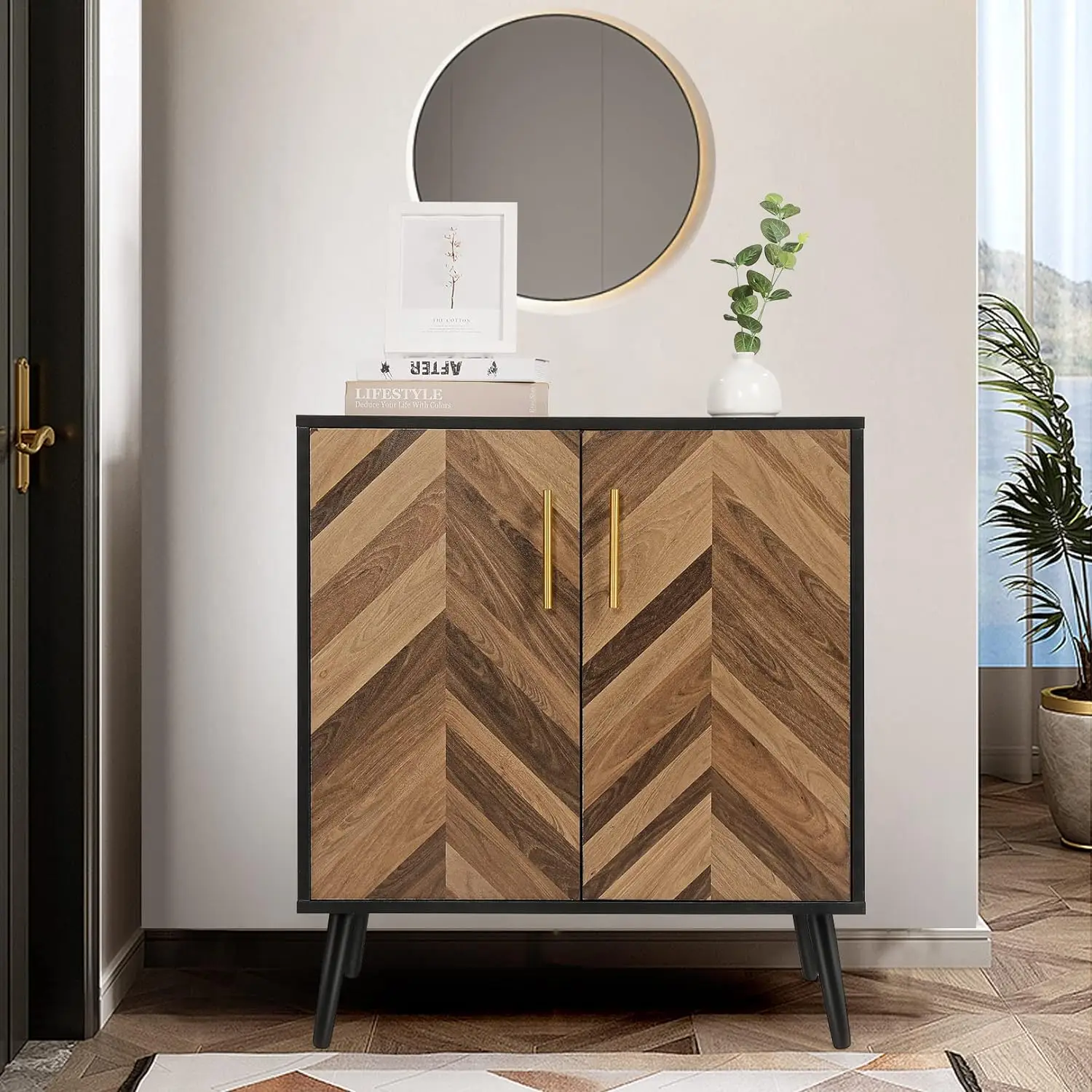 Storage Cabinet 2 Doors - Modern Accent Cabinet Free Standing Sideboard Buffet Cabinet with Shelves, Wood Small Storage Cabinet