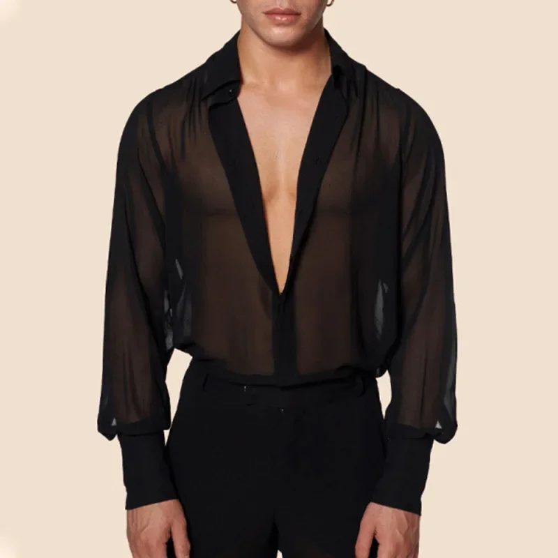 Męska Odzież Siateczkowa Prześwitująca Seksowna Koszula z Długim Rękawem Jednolity Kolor Zapinana na Guziki Vintage Streetwear Retro Imprezowe Topy S-3XL — zdjęcie 2