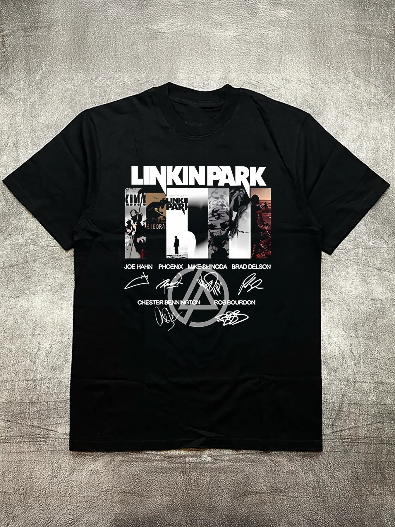 

200 g cotton men's black t-shirt, Linkin Park themed graphic with member signatures, iron-on print, everyday casual
