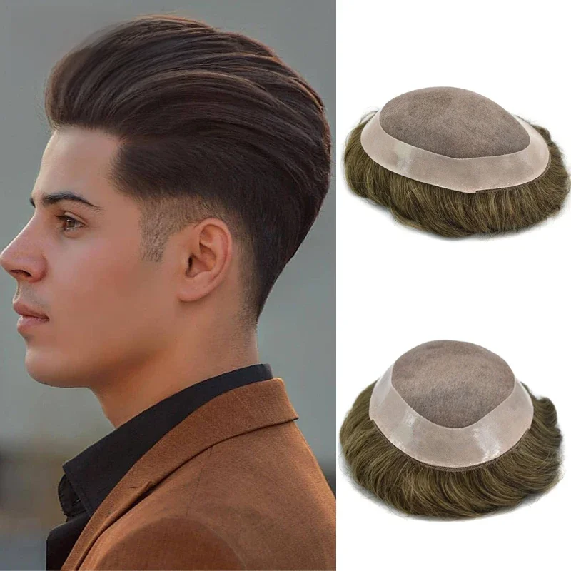 Promotion hommes cheveux toupet Mono NPU perruque de cheveux humains système de cheveux indiens postiche hommes prothèse capillaire naturel délié Topper