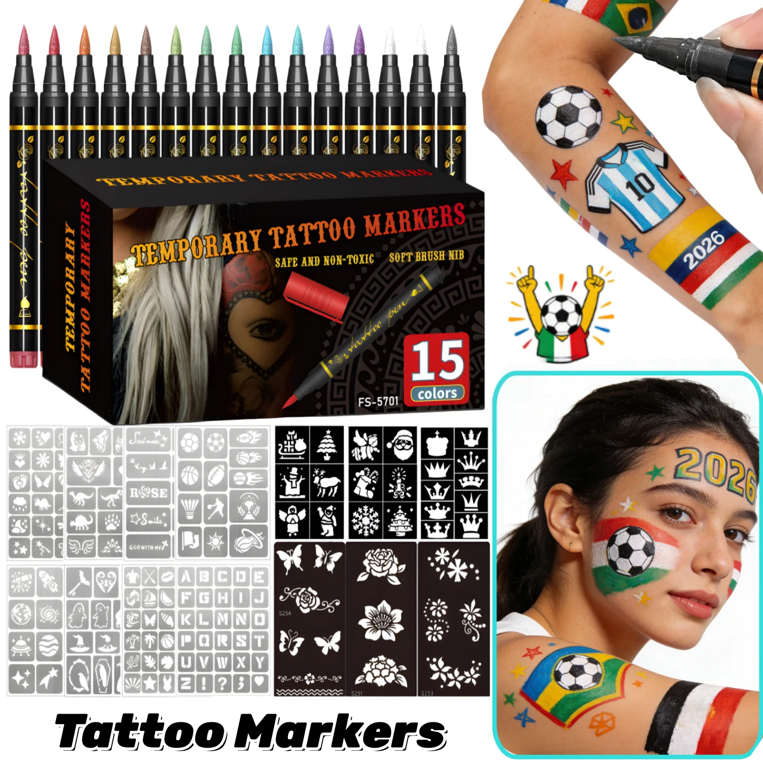 Temporary Tattoo Markers for Skin,10 Colors Tattoo Pens,Brush Tip,Bright colors,Face Paint Kit Cosmetic Quality,Halloween makeup