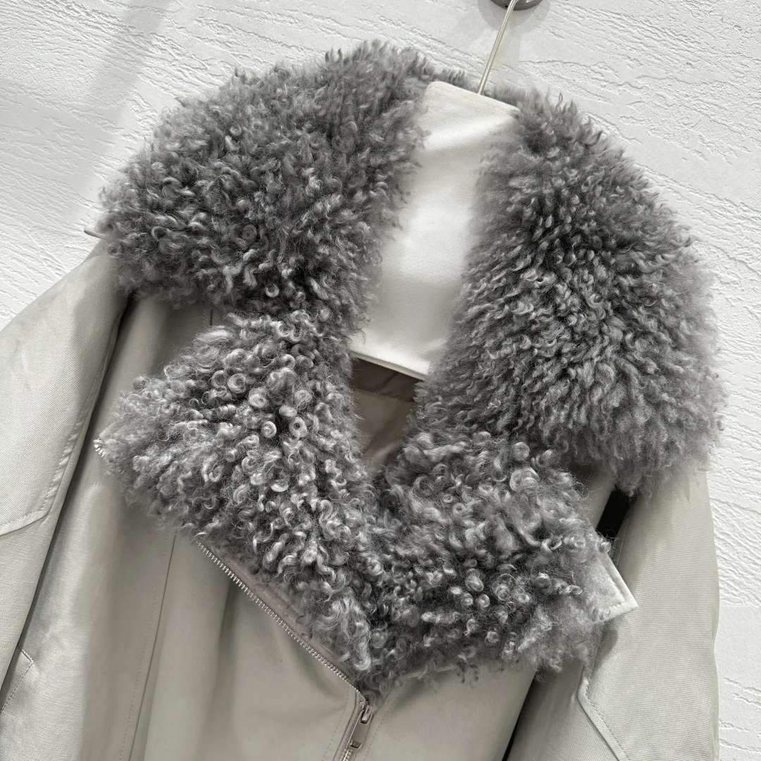 Winter Women 90% While Goose Down Coat Solid Zipper Thick Warm Chic High Quality Casual Turn-down Collar Patchwork Lambhair